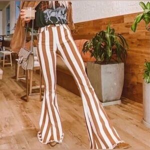 Altar'd State Brown & White Striped Flare Bell Bottom Pants Size Medium